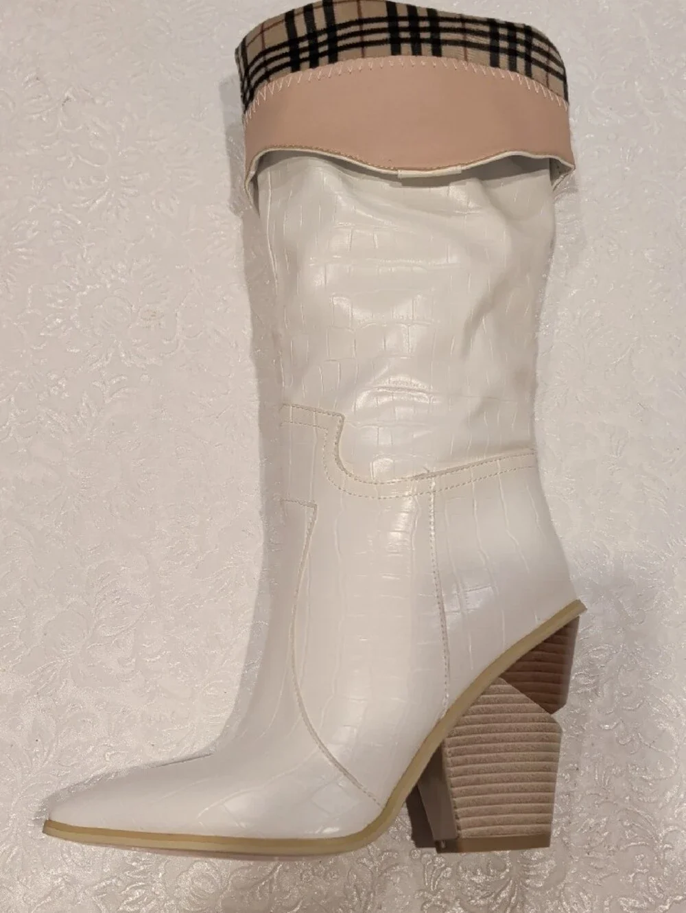 White Croc-Embossed Over-the-Knee Pointed Boots